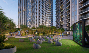 Outdoor pool, clubhouse, and gym at Sobha Solis in Dubai