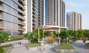 Outdoor pool, clubhouse, and gym at Sobha Solis in Dubai