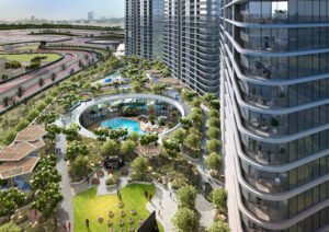 Outdoor pool, clubhouse, and gym at Sobha Solis in Dubai