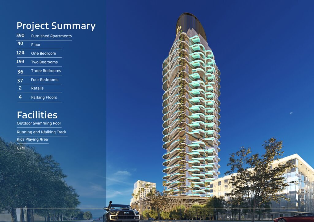 Volga Tower by Tiger Properties in Jumeirah Village Triangle featuring private pools, gym, kids’ play area, BBQ zone, and modern facilities