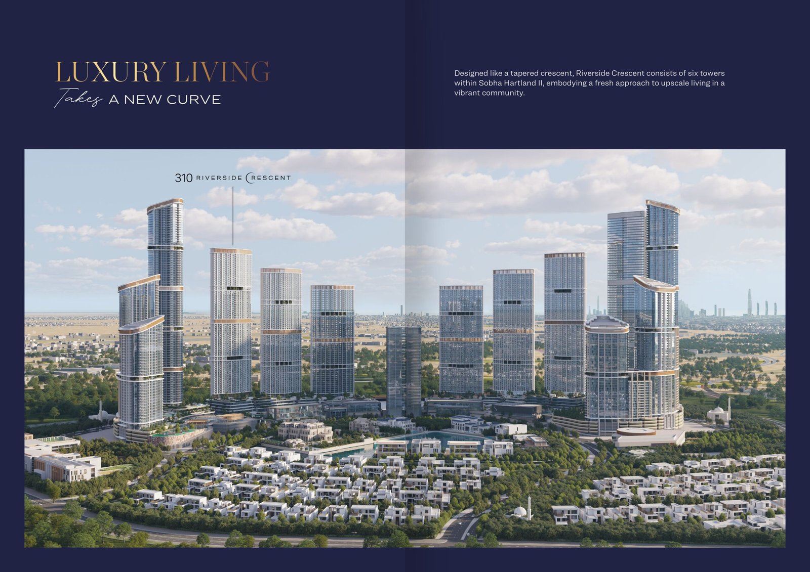 Aerial view of 310 Riverside Crescent tower in Sobha Hartland II with lagoon and skyline backdrop