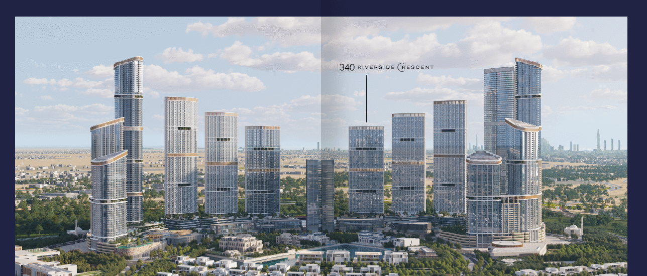 340 Riverside Crescent tower at Sobha Hartland II with lagoon-side gardens and skyline views