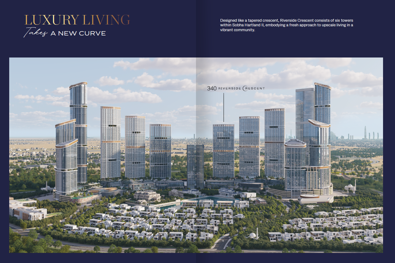 340 Riverside Crescent tower at Sobha Hartland II with lagoon-side gardens and skyline views