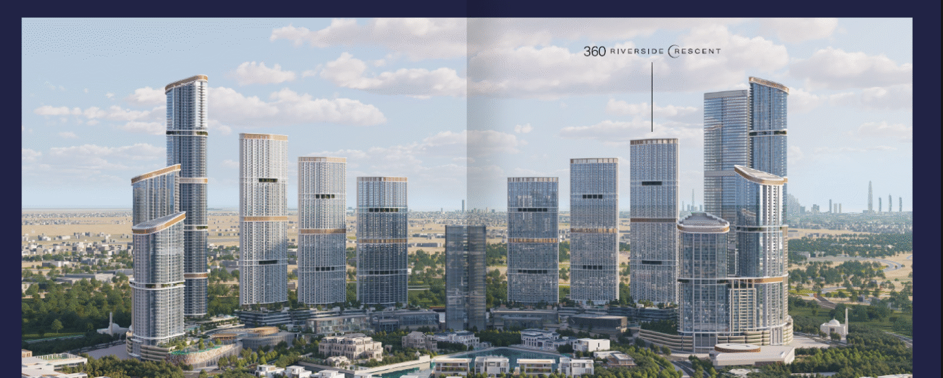360 Riverside Crescent tower in Sobha Hartland II with lagoon front and panoramic Dubai skyline