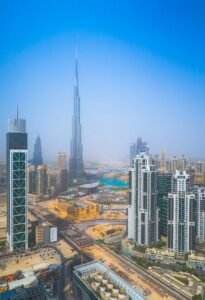 Luxury apartment buildings in Downtown Dubai skyline with high-value property deals