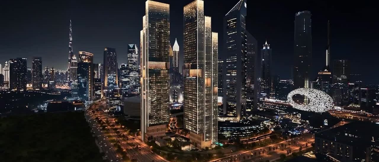 Jumeirah Residences Emirates Towers twin towers rising on Sheikh Zayed Road with Museum of the Future in background