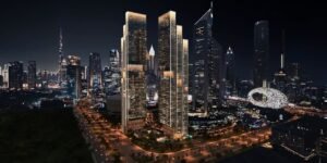 Jumeirah Residences Emirates Towers twin towers rising on Sheikh Zayed Road with Museum of the Future in background