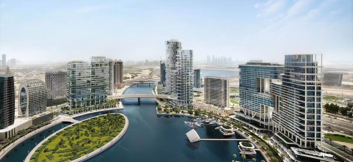 View of Marasi Bay Island with luxury buildings, beach club, and yachts in Dubai’s Burj Khalifa District