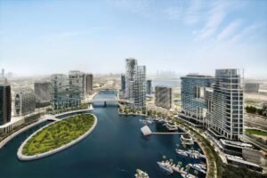 View of Marasi Bay Island with luxury buildings, beach club, and yachts in Dubai’s Burj Khalifa District