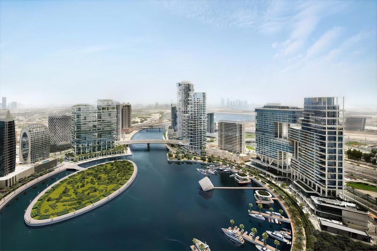 View of Marasi Bay Island with luxury buildings, beach club, and yachts in Dubai’s Burj Khalifa District