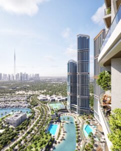 balcony view of and aerial view of 310 Riverside Crescent Sobha Hartland II