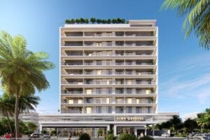 Alma Gardens residential building in Dubailand Liwan surrounded by green parkland