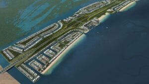 Fahid Island beachfront residences by Aldar in Abu Dhabi with blue water and modern buildings