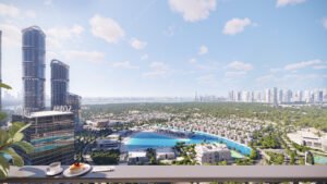 balcony view of and aerial view of 310 Riverside Crescent Sobha Hartland II