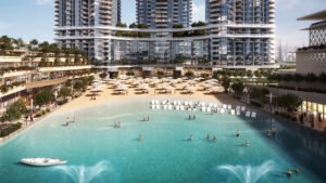 beach and lagoon view of 320 Riverside Crescent Sobha Hartland II