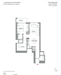 1.5 bedroom apartment layout in 350 Riverside Crescent Sobha Hartland II