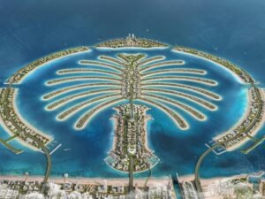 Construction crew working on Palm Jebel Ali waterfront infrastructure project in Dubai