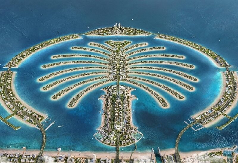 Construction crew working on Palm Jebel Ali waterfront infrastructure project in Dubai