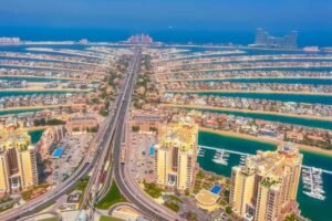 Aerial view of Palm Jumeirah island in Dubai showing luxury waterfront land