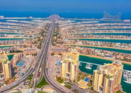 Aerial view of Palm Jumeirah island in Dubai showing luxury waterfront land