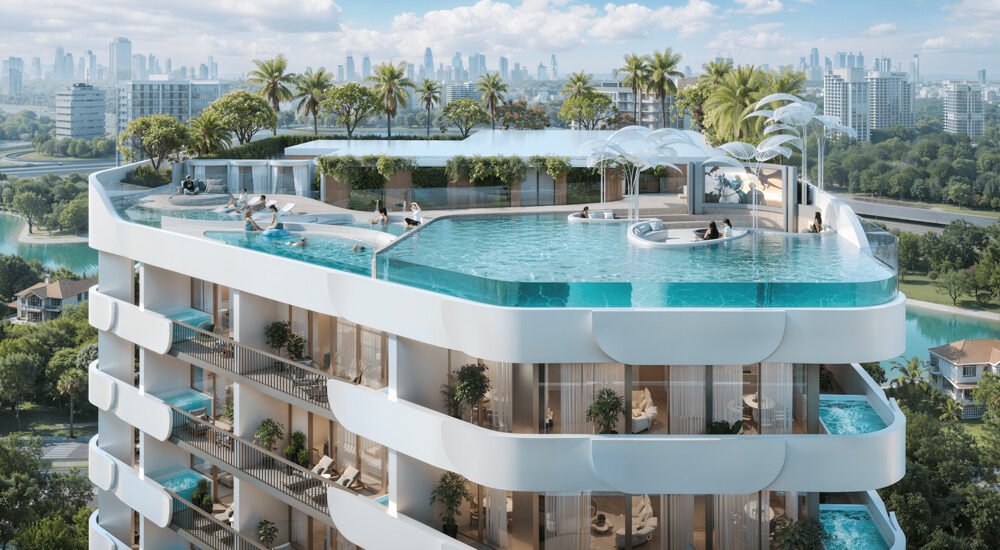 Exterior of Weybridge Gardens 5 with green landscaping in Dubailand