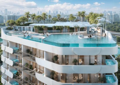 Exterior of Weybridge Gardens 5 with green landscaping in Dubailand