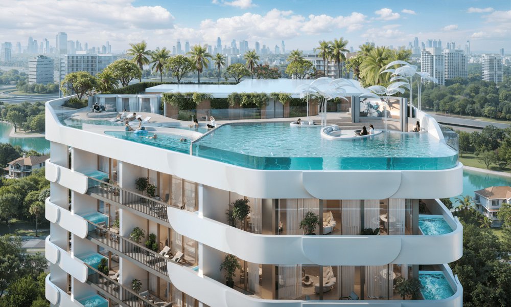 Exterior of Weybridge Gardens 5 with green landscaping in Dubailand