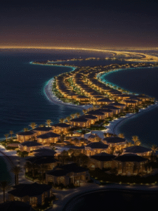 Night view of Palm Jumeirah villas lit up along the shoreline, symbolizing luxury and exclusivity