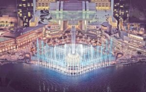 Al Maryah Waterfront project 30m water sphere AI jets