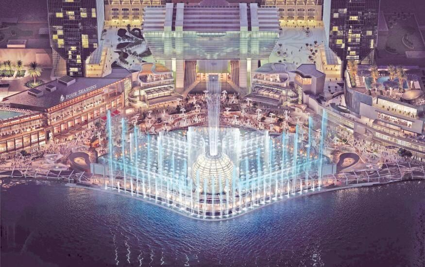 Al Maryah Waterfront project 30m water sphere AI jets
