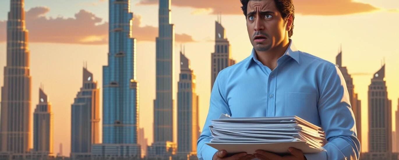 Man holding real estate papers, looking frustrated in front of Dubai skyline