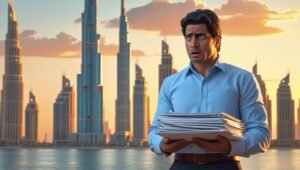 Man holding real estate papers, looking frustrated in front of Dubai skyline
