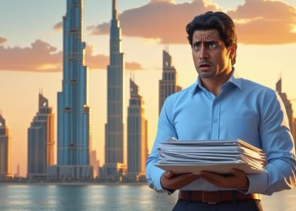 Man holding real estate papers, looking frustrated in front of Dubai skyline