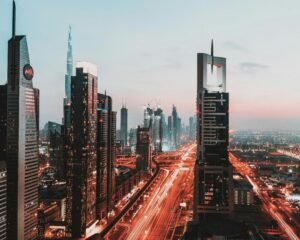 High-rise office buildings in Business Bay, Dubai skyline during sunset