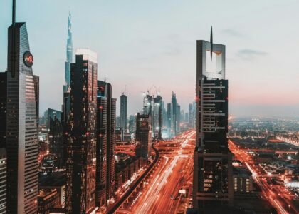 High-rise office buildings in Business Bay, Dubai skyline during sunset