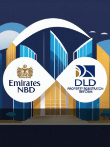 Emirates NBD and Dubai Land Department partnership announcement with Dubai skyline in background