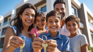 Happy family holding keys to their first home in Dubai after years of renting