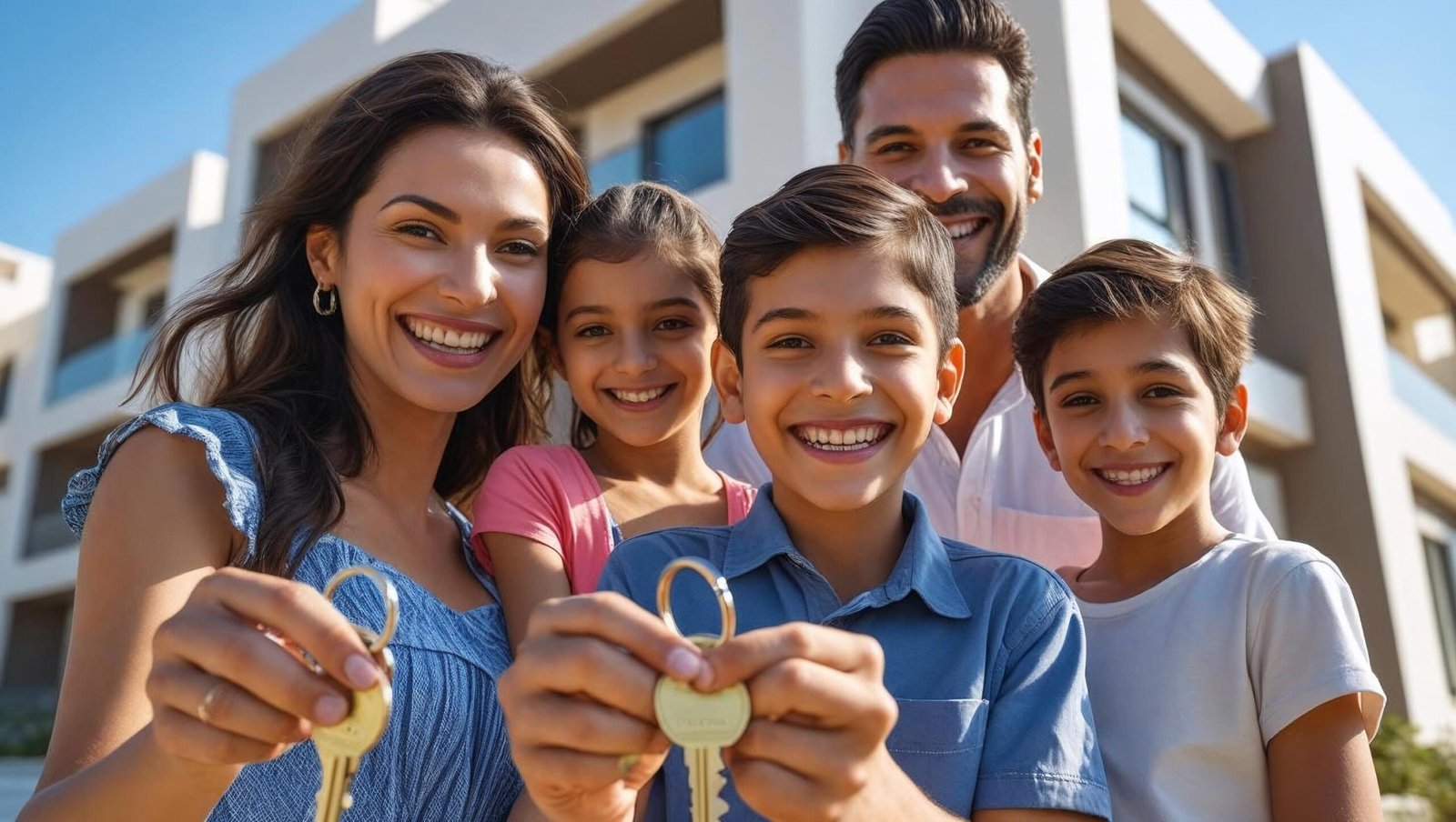 Happy family holding keys to their first home in Dubai after years of renting