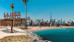 Aerial view of La Mer South beachfront plots with the most expensive land listed at Dh160M