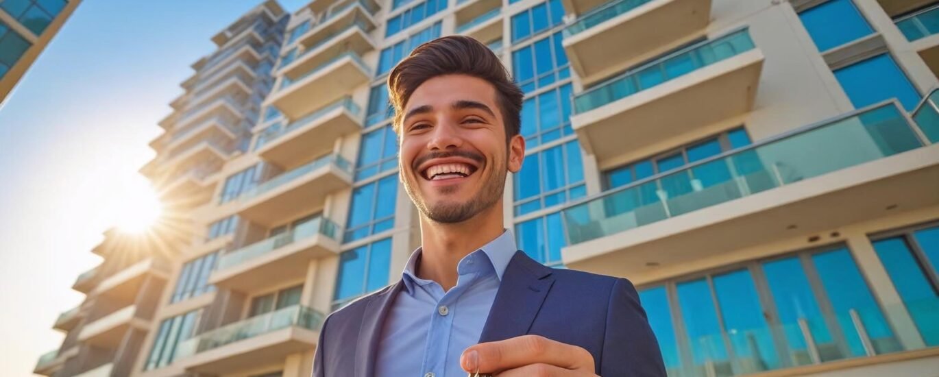 Young professional smiling in front of new Dubai apartment, holding house keys