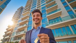 Young professional smiling in front of new Dubai apartment, holding house keys