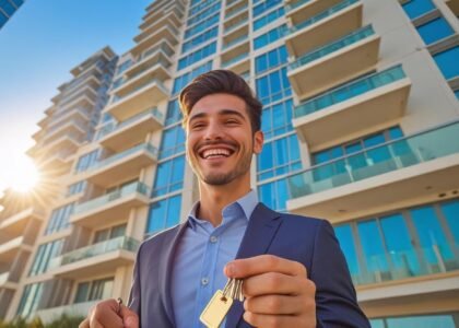 Young professional smiling in front of new Dubai apartment, holding house keys