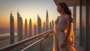 Woman standing on Dubai apartment balcony at sunset, symbolizing new beginnings