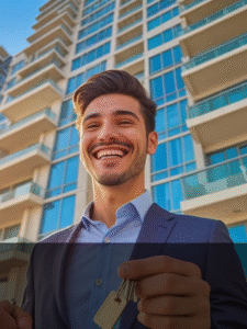 Young professional looking at Dubai skyline, symbolizing ambition and independent success