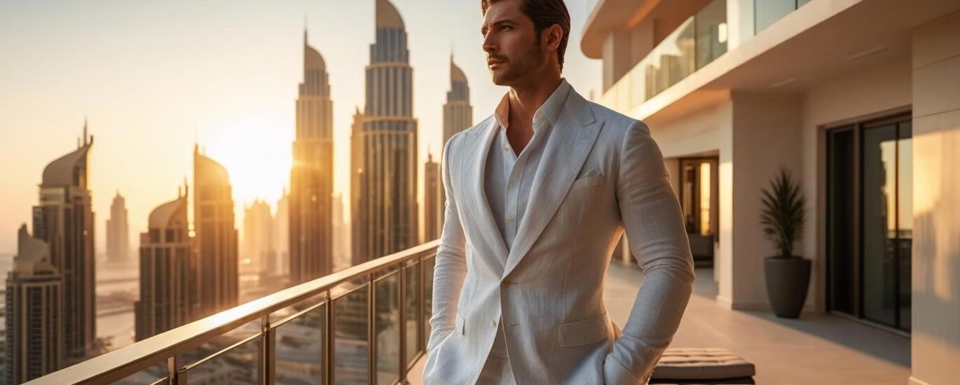 man standing on balcony of penthouse in Dubai