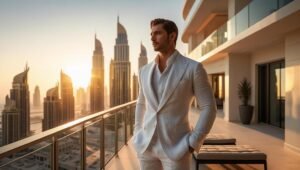 man standing on balcony of penthouse in Dubai