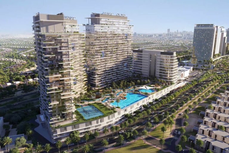 : Aerial view of Damac District at Damac Hills showing modern towers and golf course (Damac District Damac Hills project info)
