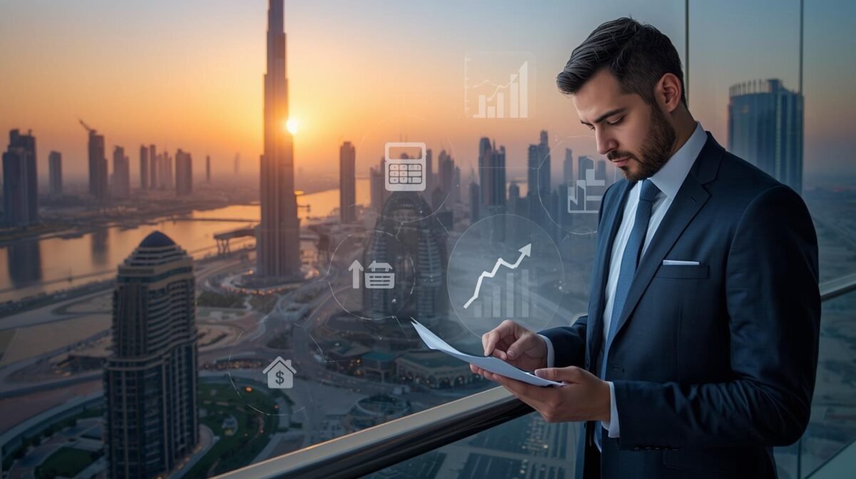 A buyer calculating hidden costs when buying property in Dubai with skyline view