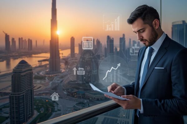 A buyer calculating hidden costs when buying property in Dubai with skyline view