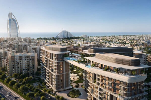 Nourelle by Meraas luxury residences in Jumeirah Dubai with skybridge and skyline view